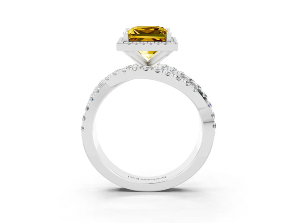 Platinum Princess Cut Yellow Sapphire Halo Ring with Round Split Shank and Prong Setting
