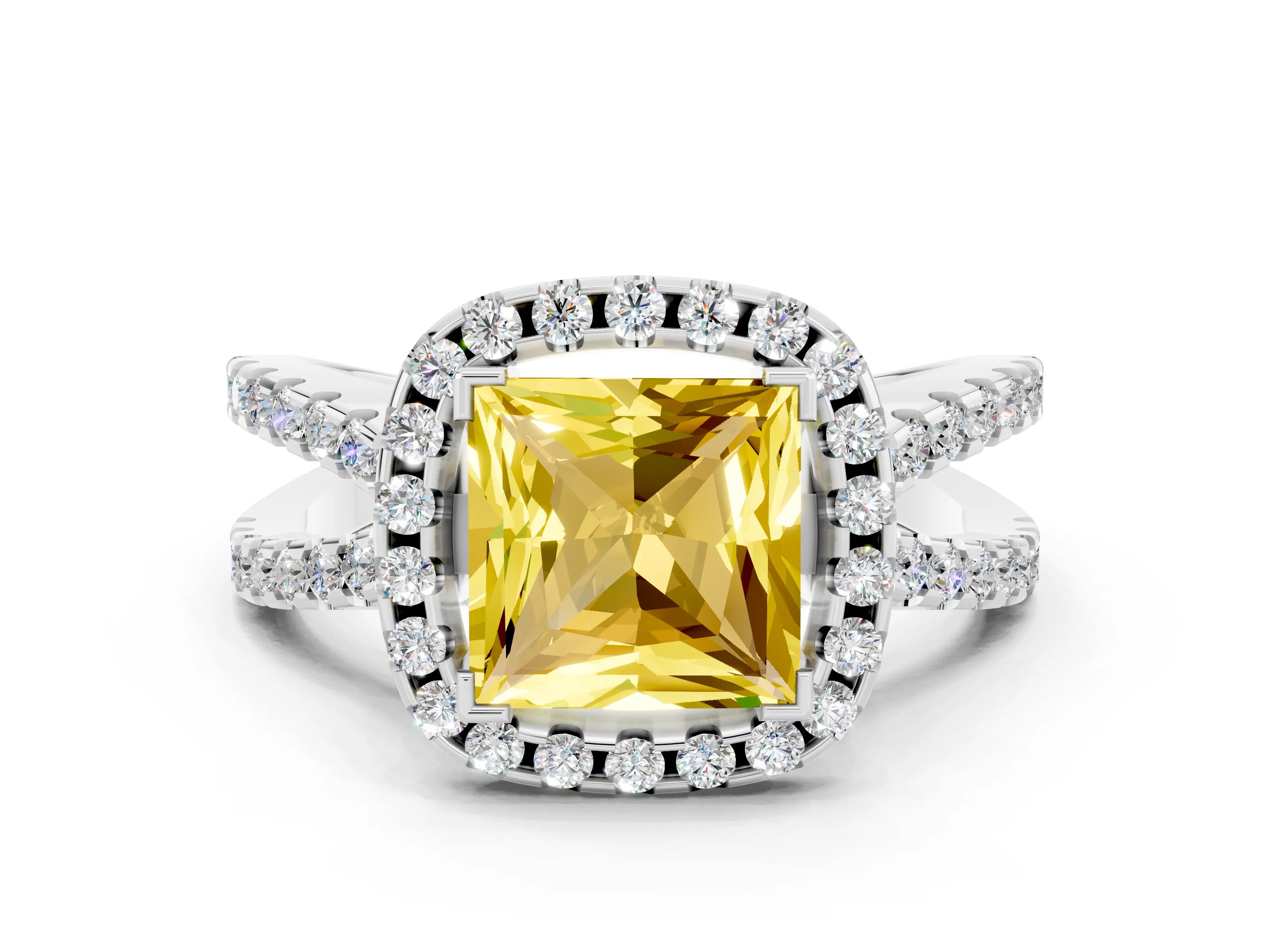 White gold Princess Cut Yellow Sapphire Halo Ring with Split Shank Pavé Band and Prong Setting_12