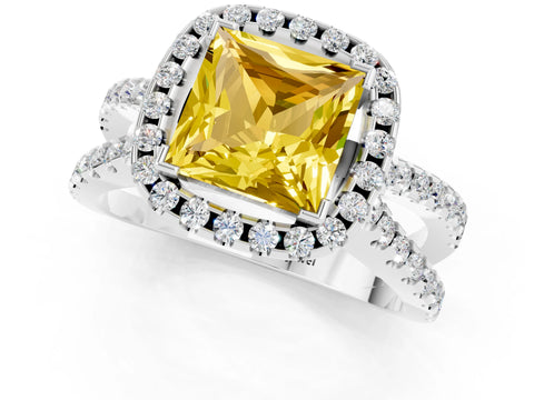 White gold Princess Cut Yellow Sapphire Halo Ring with Split Shank Pavé Band and Prong Setting_13