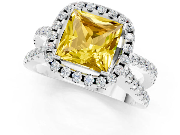 White gold Princess Cut Yellow Sapphire Halo Ring with Split Shank Pavé Band and Prong Setting