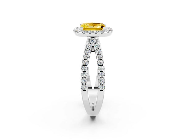 Platinum Princess Cut Yellow Sapphire Halo Ring with Split Shank Pavé Band and Prong Setting