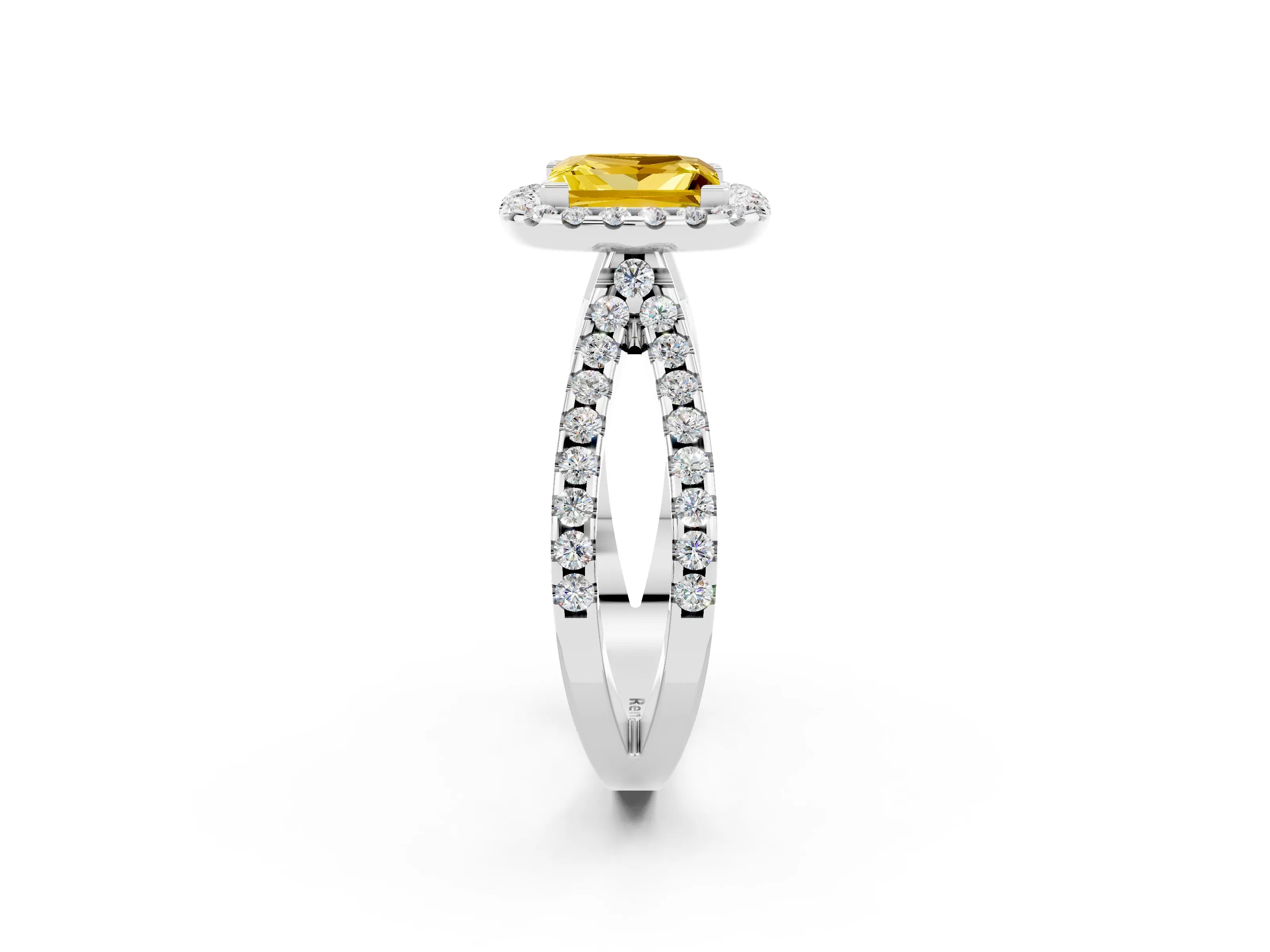 White gold Princess Cut Yellow Sapphire Halo Ring with Split Shank Pavé Band and Prong Setting_14
