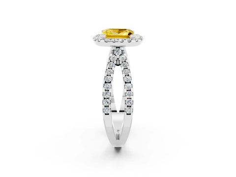 White gold Princess Cut Yellow Sapphire Halo Ring with Split Shank Pavé Band and Prong Setting_14