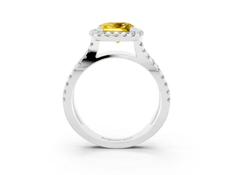 White gold Princess Cut Yellow Sapphire Halo Ring with Split Shank Pavé Band and Prong Setting_15