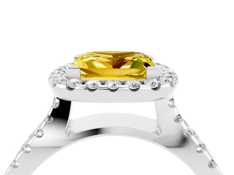 White gold Princess Cut Yellow Sapphire Halo Ring with Split Shank Pavé Band and Prong Setting_16