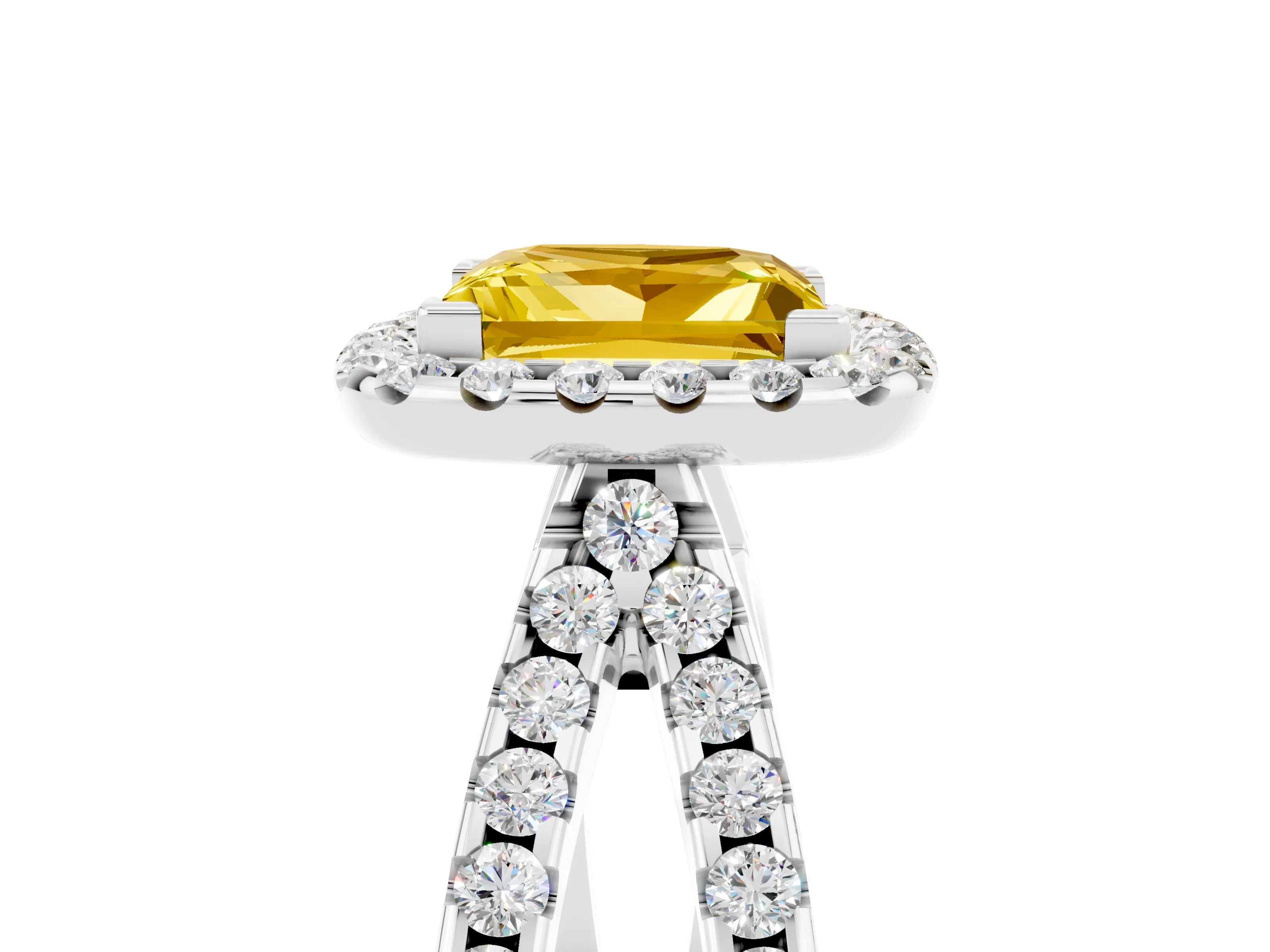 White gold Princess Cut Yellow Sapphire Halo Ring with Split Shank Pavé Band and Prong Setting_17