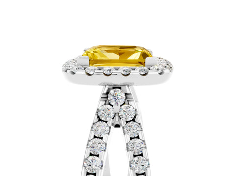 White gold Princess Cut Yellow Sapphire Halo Ring with Split Shank Pavé Band and Prong Setting_17