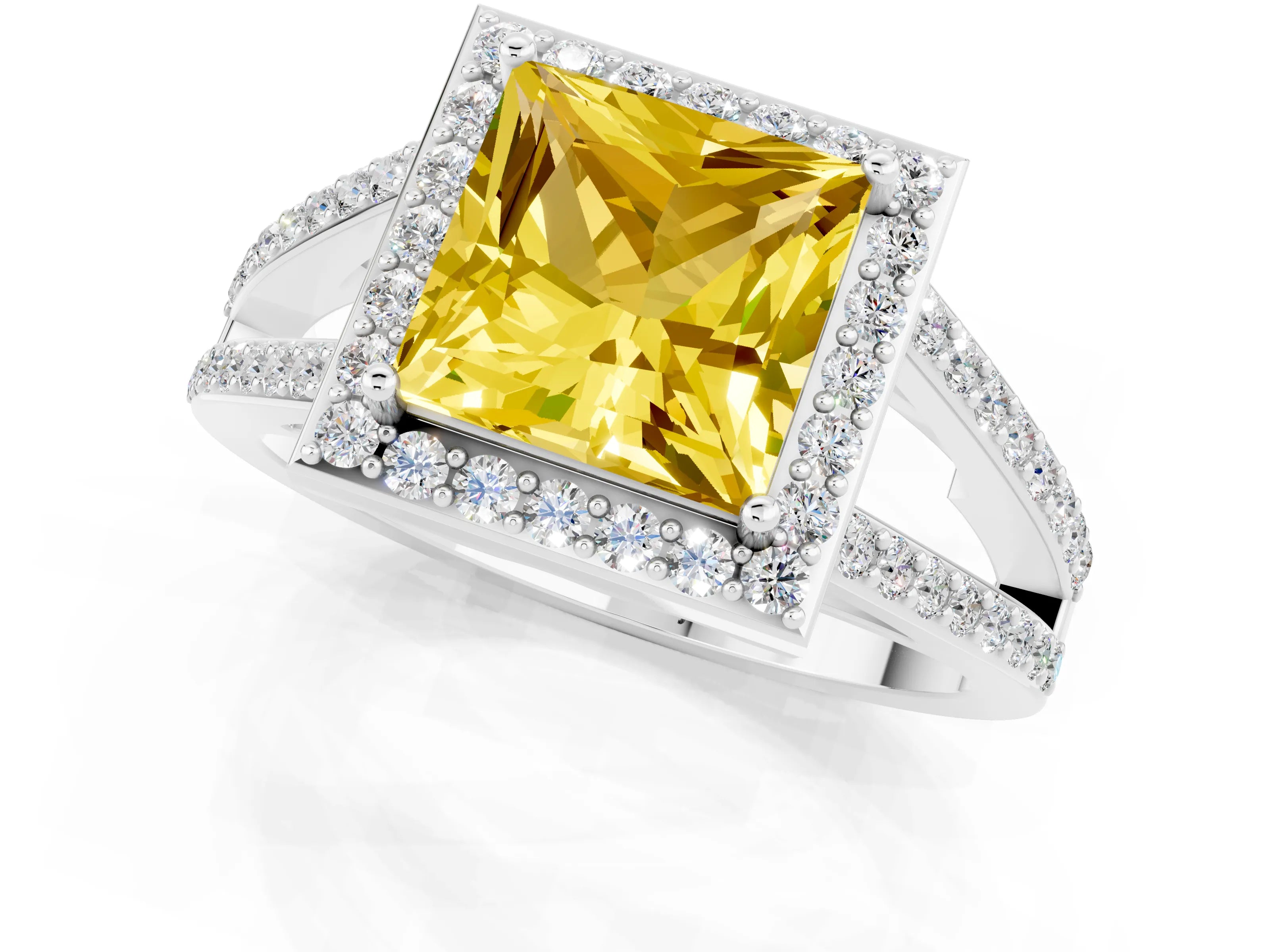 White gold Princess Cut Yellow Sapphire Halo Ring with Split Shank U-Prong Band and Four-Prong Setting_1