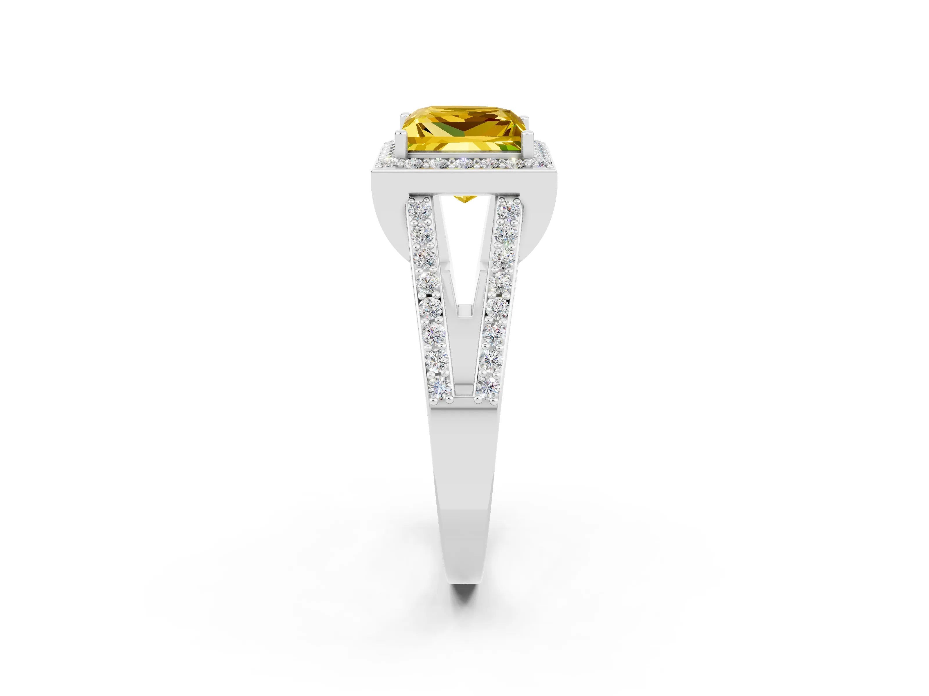 White gold Princess Cut Yellow Sapphire Halo Ring with Split Shank U-Prong Band and Four-Prong Setting_2