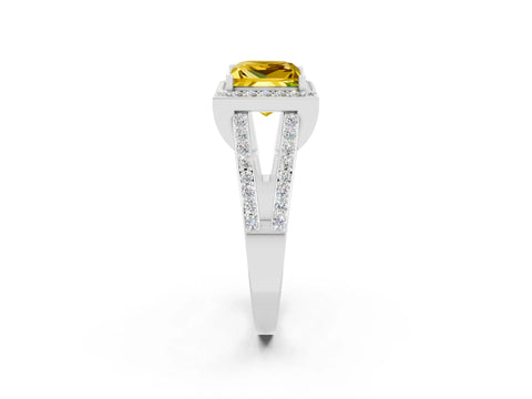 White gold Princess Cut Yellow Sapphire Halo Ring with Split Shank U-Prong Band and Four-Prong Setting_2