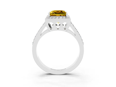 White gold Princess Cut Yellow Sapphire Halo Ring with Split Shank U-Prong Band and Four-Prong Setting_3