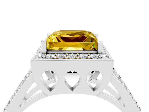 White gold Princess Cut Yellow Sapphire Halo Ring with Split Shank U-Prong Band and Four-Prong Setting_4