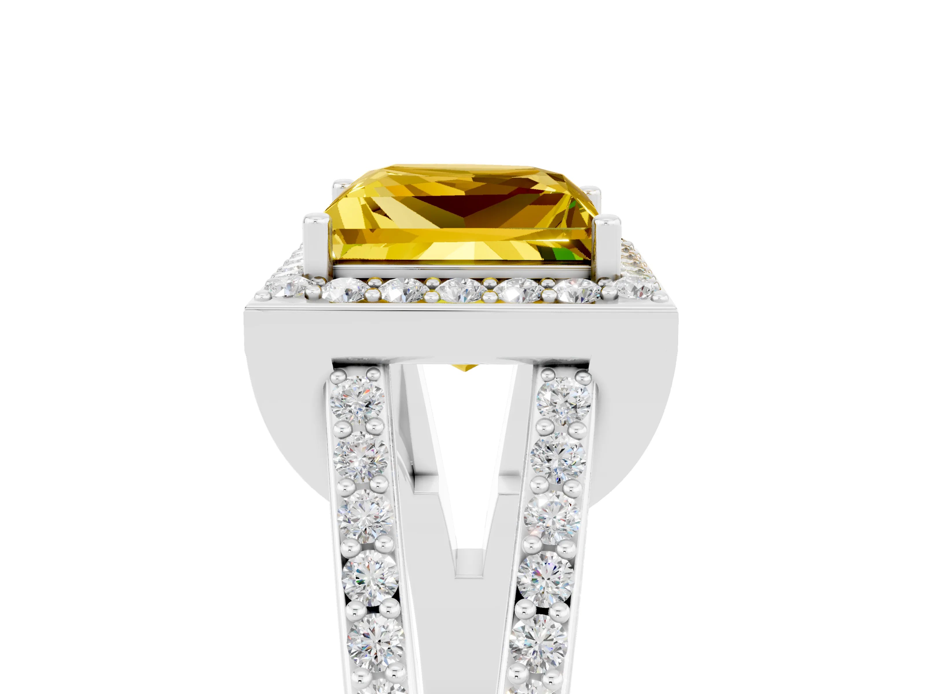 White gold Princess Cut Yellow Sapphire Halo Ring with Split Shank U-Prong Band and Four-Prong Setting_5