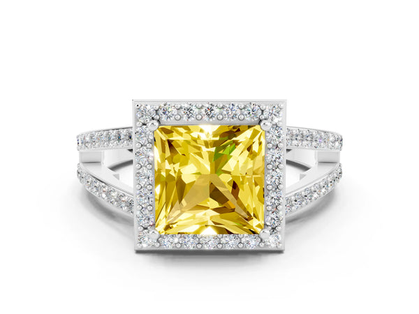 Silver Princess Cut Yellow Sapphire Halo Ring with Split Shank U-Prong Band and Four-Prong Setting