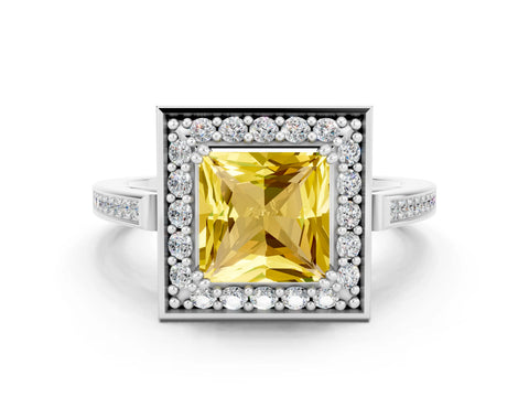 White gold Princess Cut Yellow Sapphire Halo Ring with Split Shank and Four-Prong Setting_12