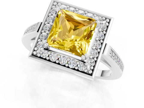 White gold Princess Cut Yellow Sapphire Halo Ring with Split Shank and Four-Prong Setting_13