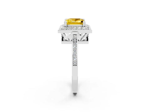 White gold Princess Cut Yellow Sapphire Halo Ring with Split Shank and Four-Prong Setting_14