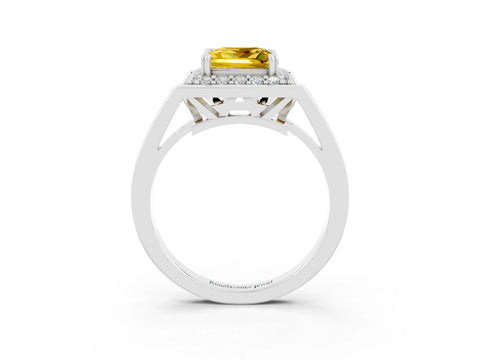 White gold Princess Cut Yellow Sapphire Halo Ring with Split Shank and Four-Prong Setting_15