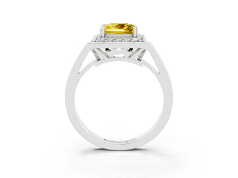 White gold Princess Cut Yellow Sapphire Halo Ring with Split Shank and Four-Prong Setting_15