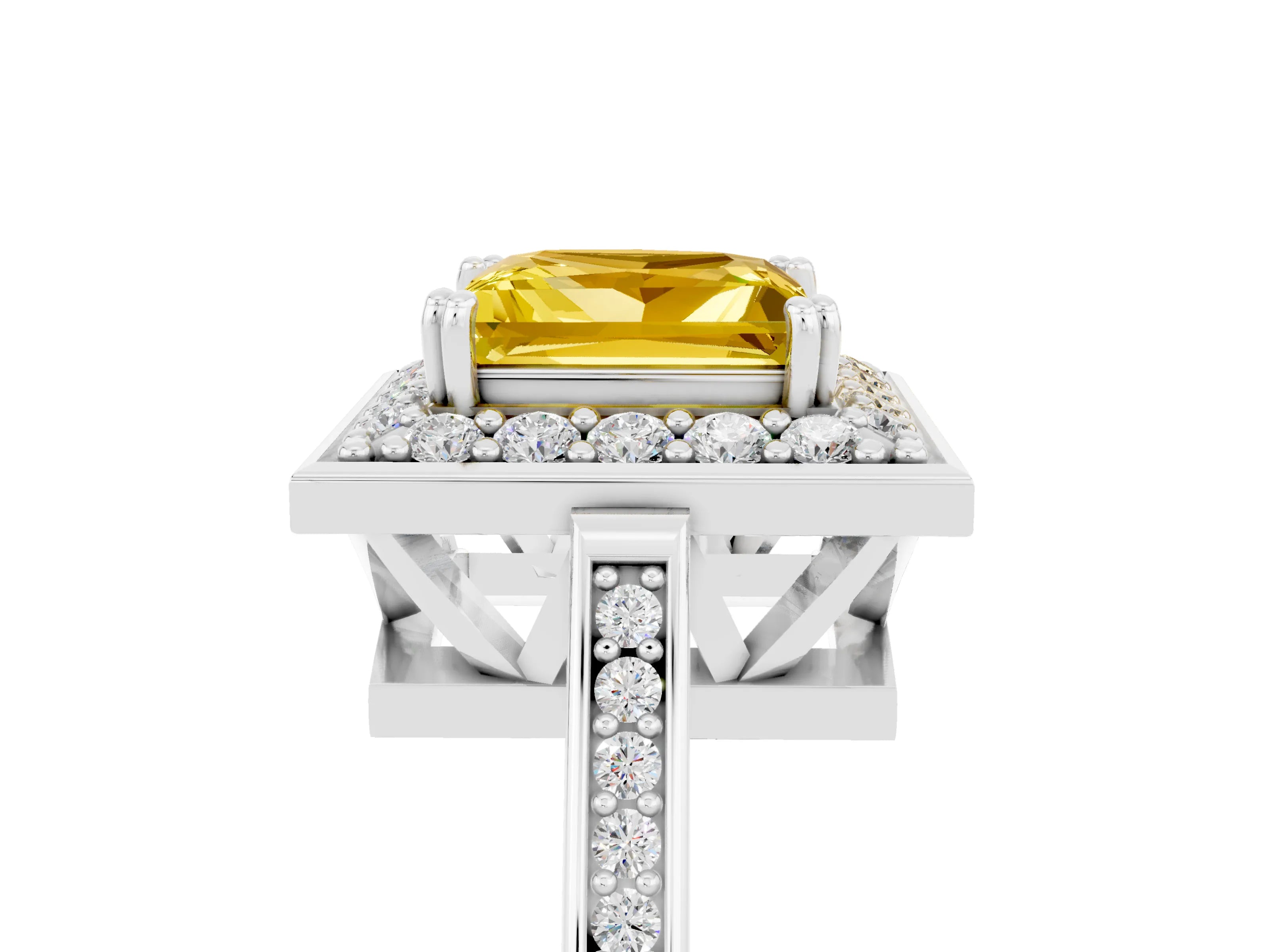 White gold Princess Cut Yellow Sapphire Halo Ring with Split Shank and Four-Prong Setting_17