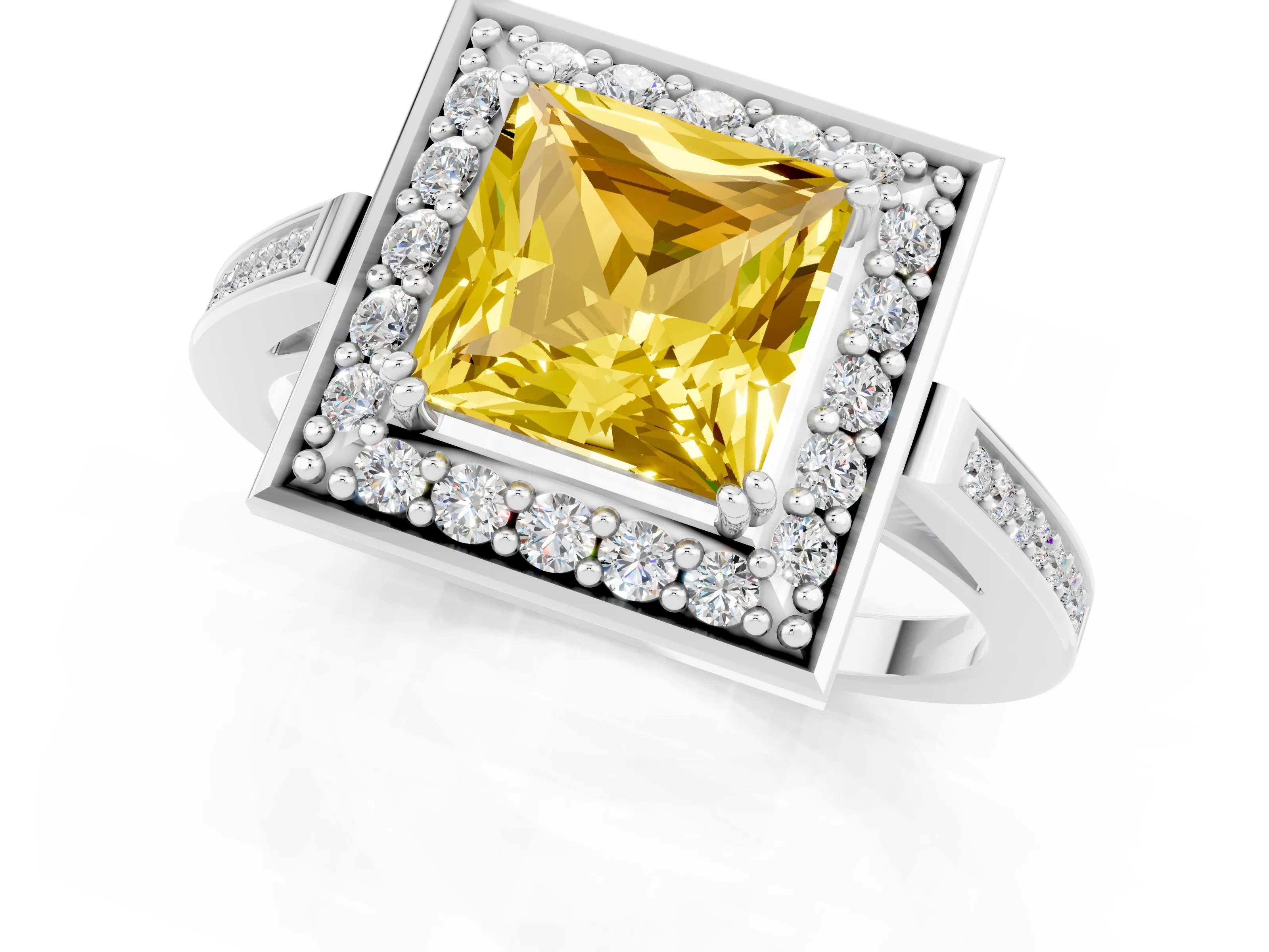 White gold Princess Cut Yellow Sapphire Halo Ring with Split Shank and Four-Prong Setting_19
