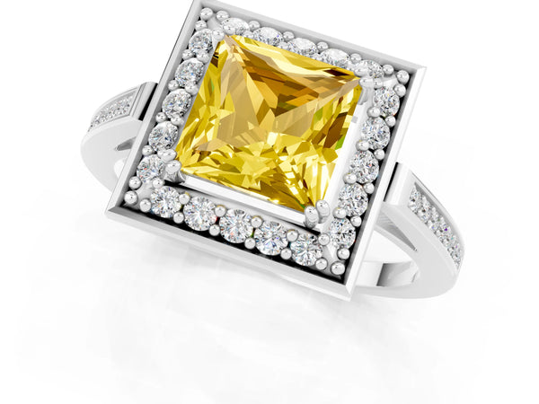 White gold Princess Cut Yellow Sapphire Halo Ring with Split Shank and Four-Prong Setting