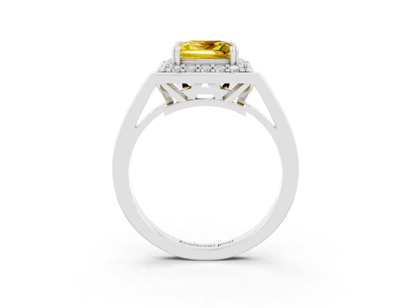 White gold Princess Cut Yellow Sapphire Halo Ring with Split Shank and Four-Prong Setting