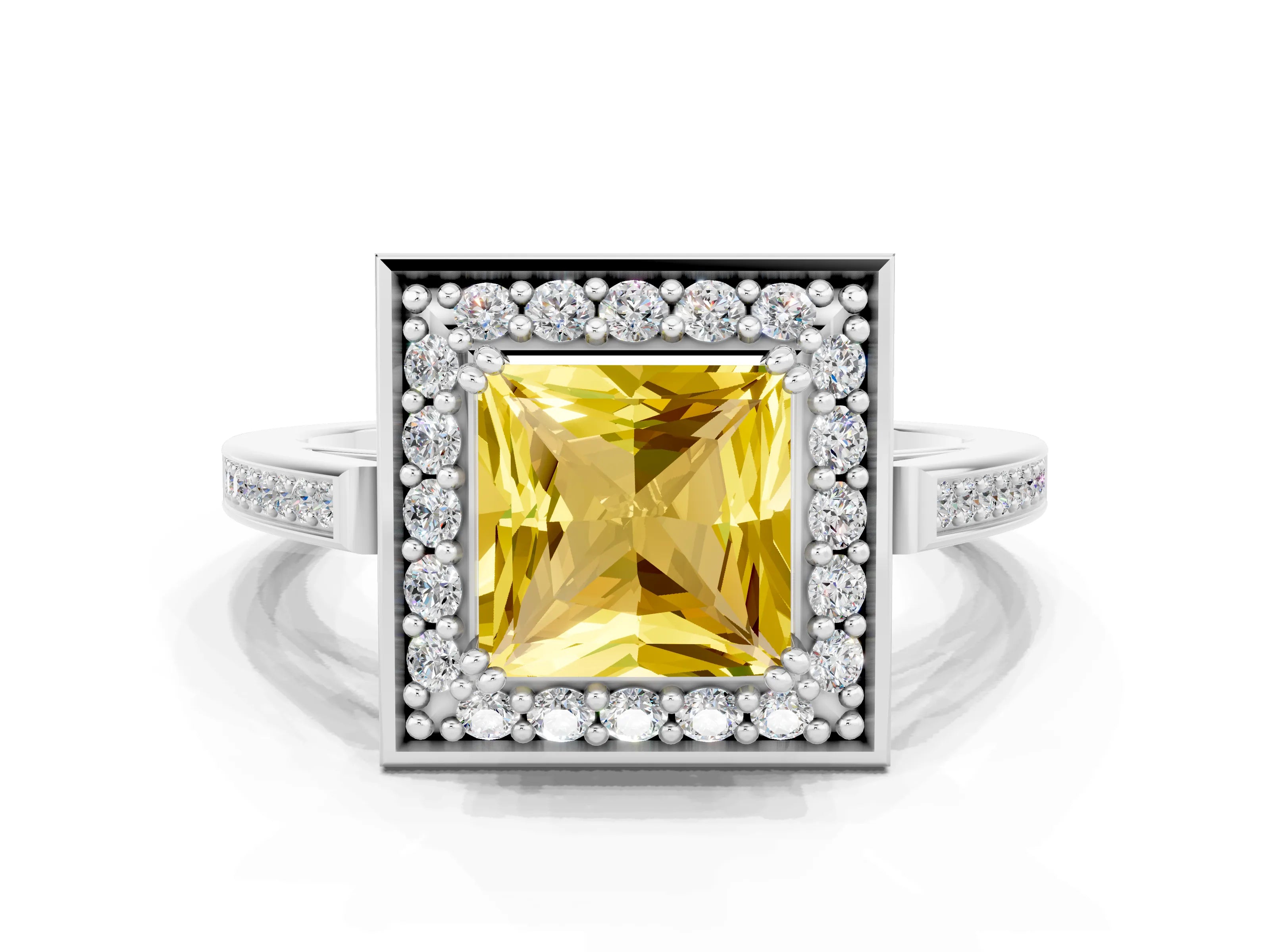 White gold Princess Cut Yellow Sapphire Halo Ring with Split Shank and Four-Prong Setting_24