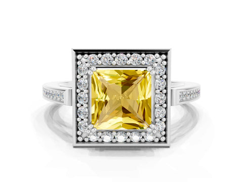 White gold Princess Cut Yellow Sapphire Halo Ring with Split Shank and Four-Prong Setting_24