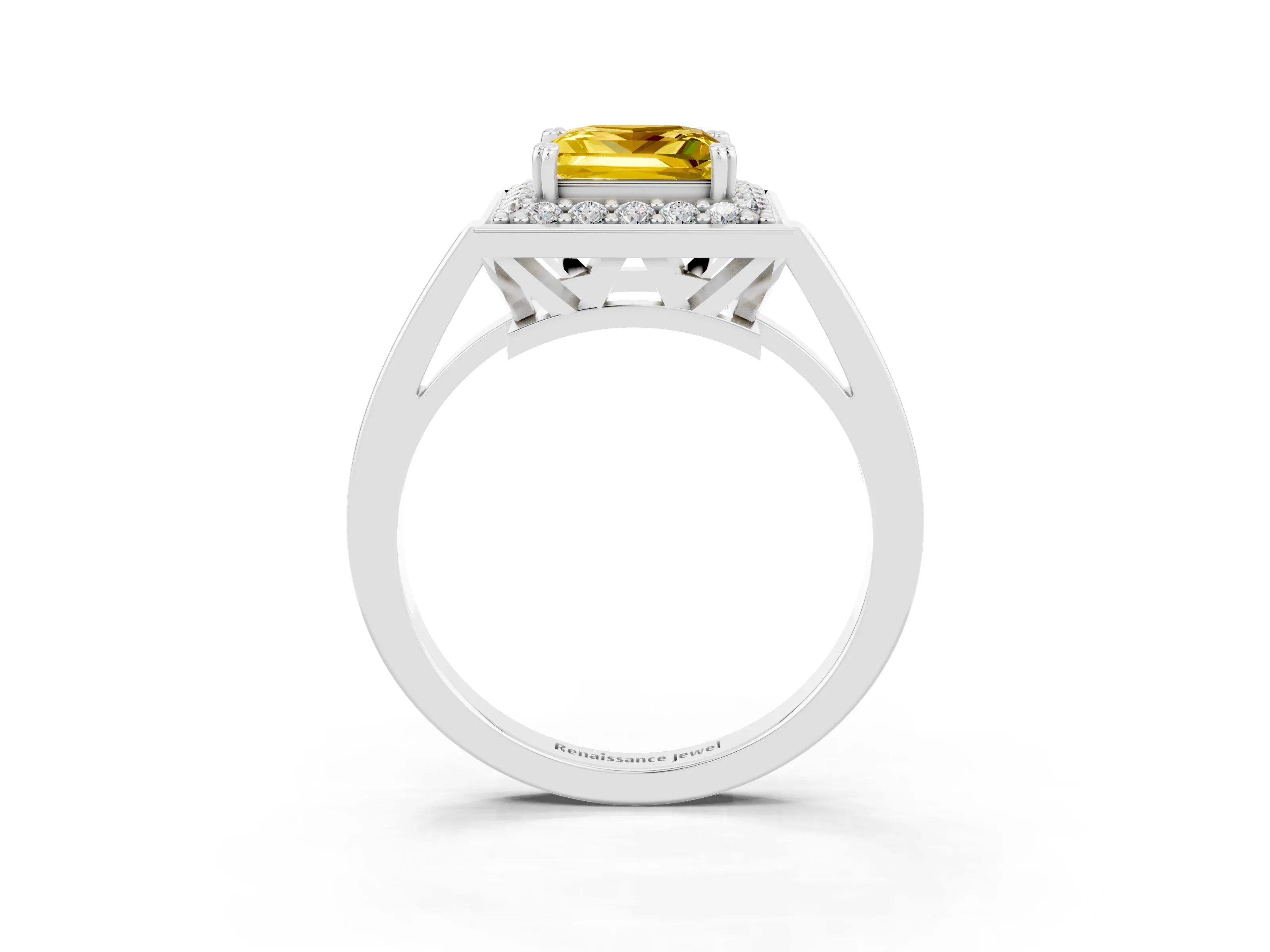 White gold Princess Cut Yellow Sapphire Halo Ring with Split Shank and Four-Prong Setting_27
