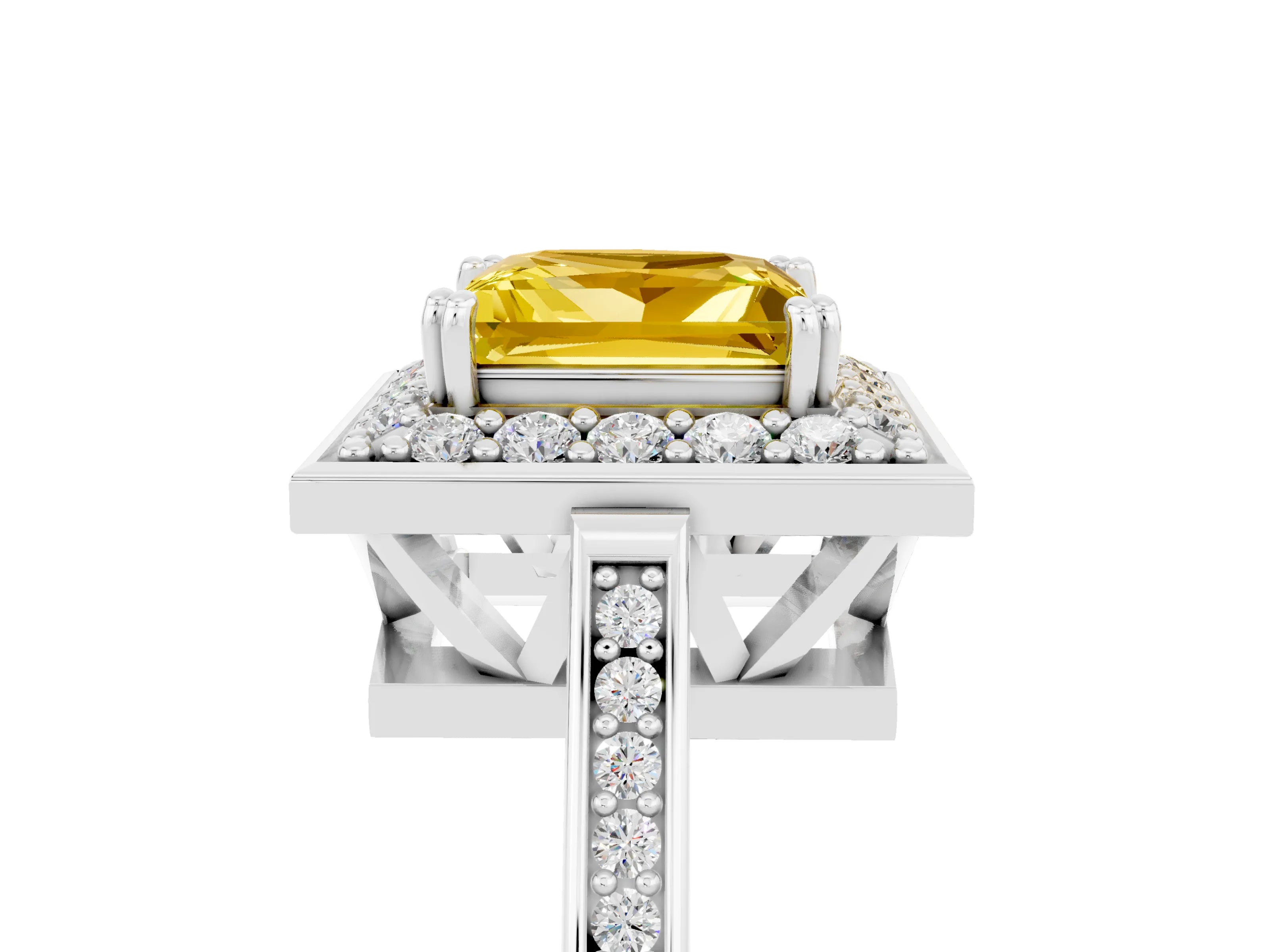 White gold Princess Cut Yellow Sapphire Halo Ring with Split Shank and Four-Prong Setting_29