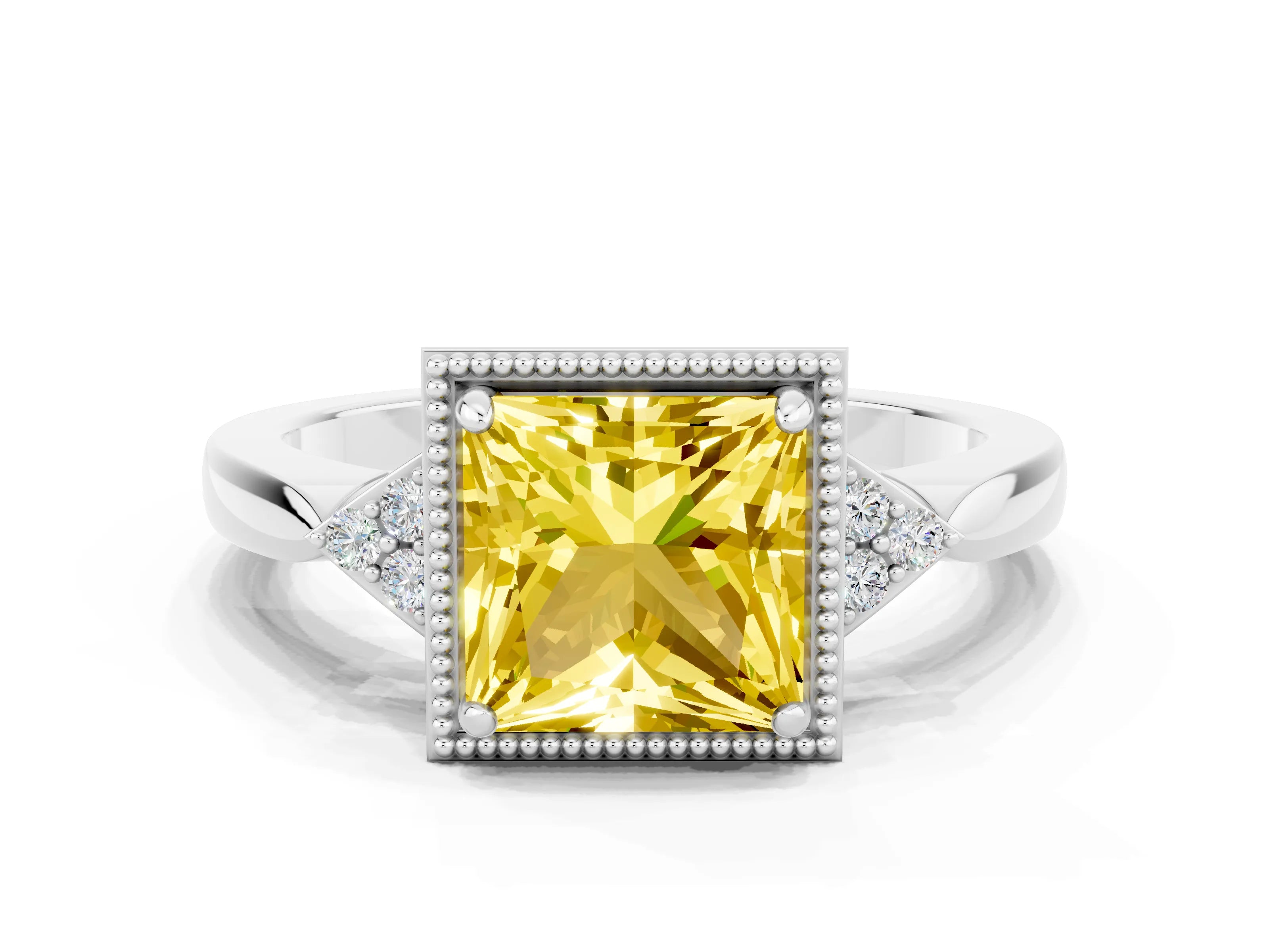 White gold Princess Cut Yellow Sapphire Halo Ring with Tapered Band and Four-Prong Setting