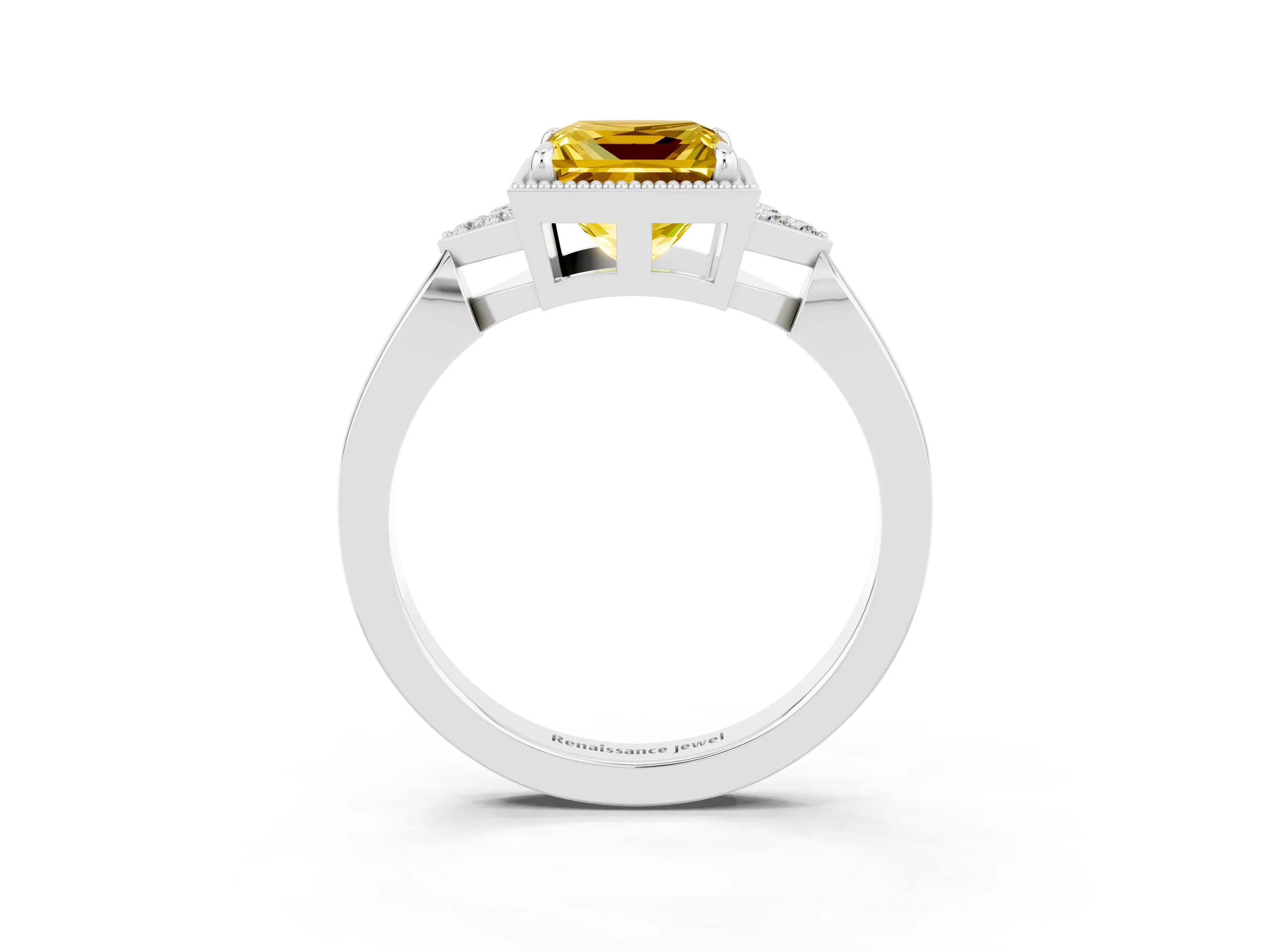 White gold Princess Cut Yellow Sapphire Halo Ring with Tapered Band and Four-Prong Setting_3