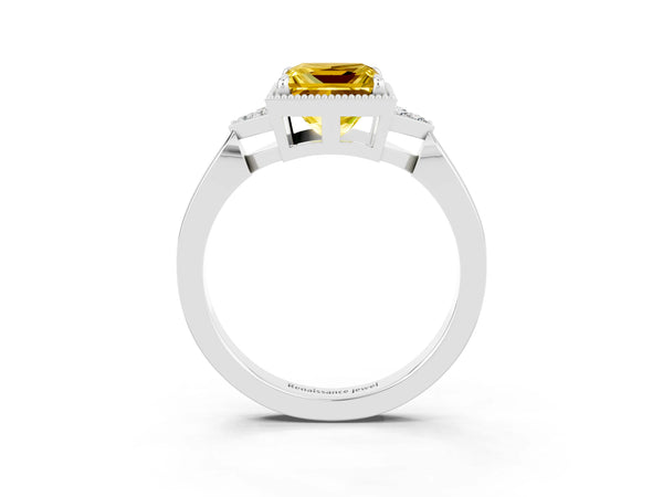Silver Princess Cut Yellow Sapphire Halo Ring with Tapered Band and Four-Prong Setting