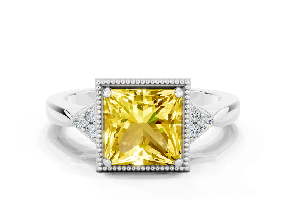 White gold Princess Cut Yellow Sapphire Halo Ring with Tapered Band and Four-Prong Setting