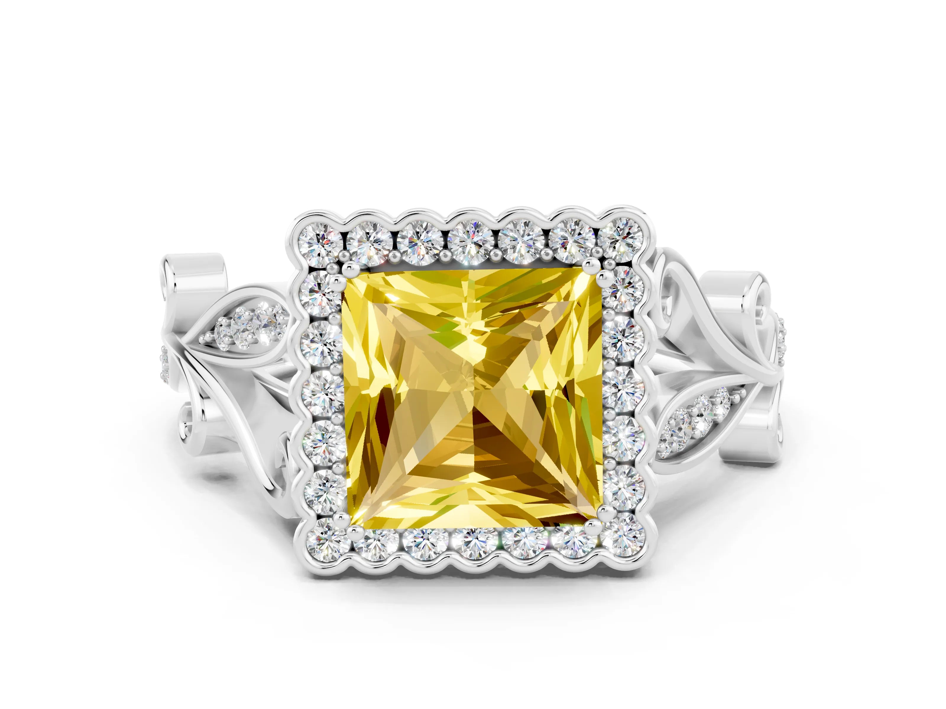 White gold Princess Cut Yellow Sapphire Halo Ring with Vintage Split Shank and Four-Prong Setting_24