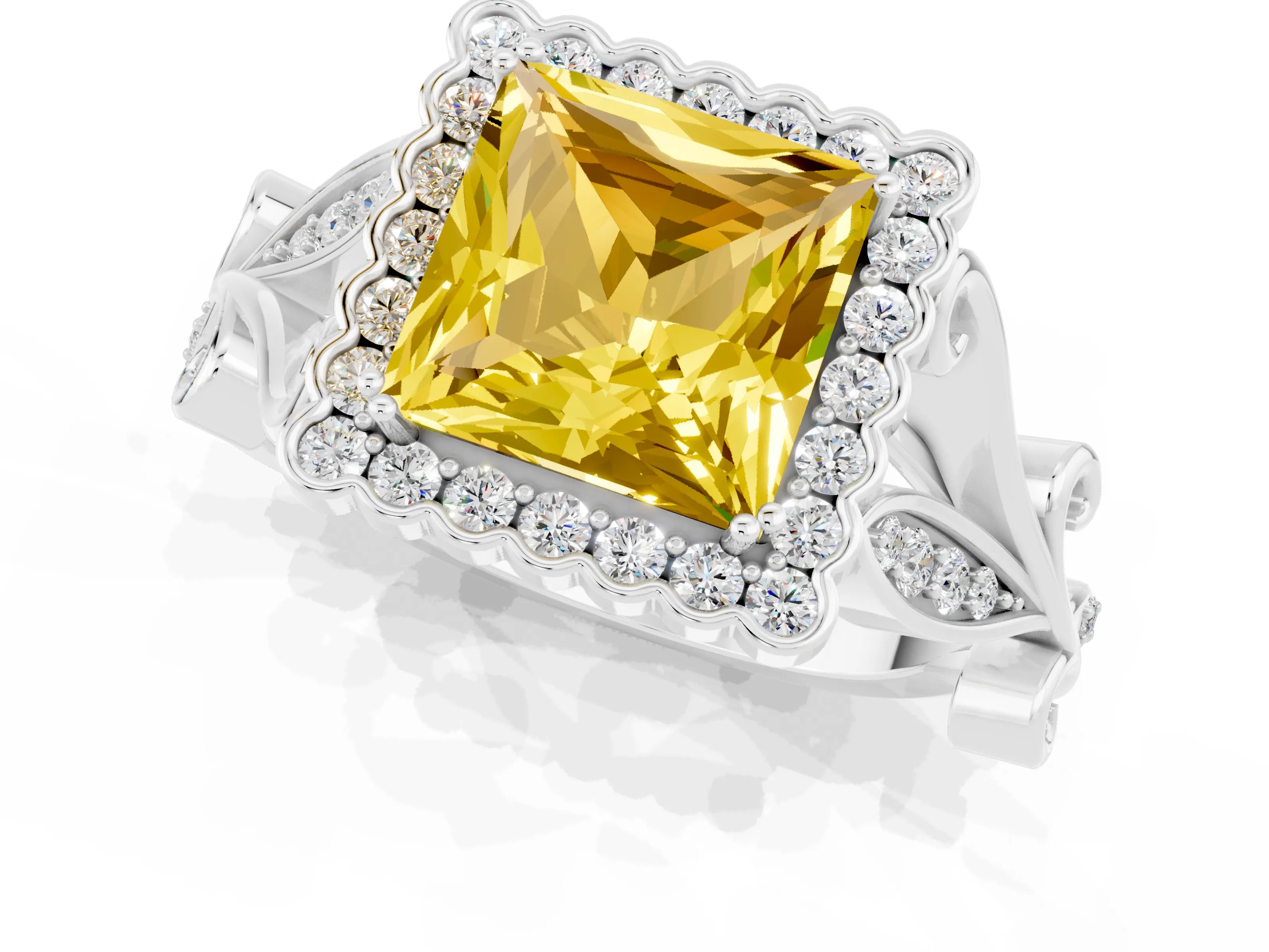White gold Princess Cut Yellow Sapphire Halo Ring with Vintage Split Shank and Four-Prong Setting_25