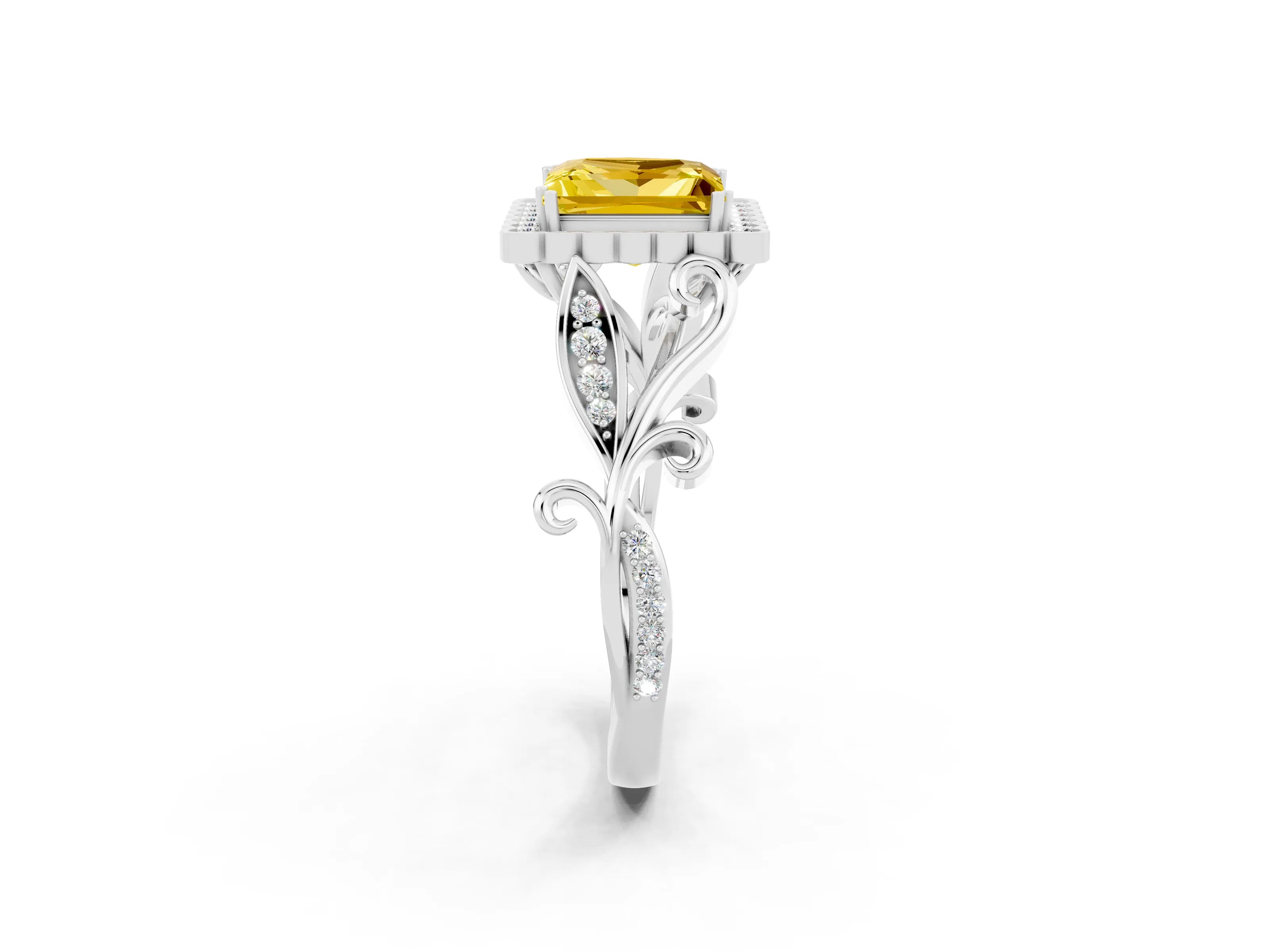 White gold Princess Cut Yellow Sapphire Halo Ring with Vintage Split Shank and Four-Prong Setting_26