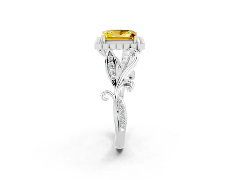 White gold Princess Cut Yellow Sapphire Halo Ring with Vintage Split Shank and Four-Prong Setting_26