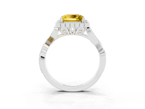 White gold Princess Cut Yellow Sapphire Halo Ring with Vintage Split Shank and Four-Prong Setting_27