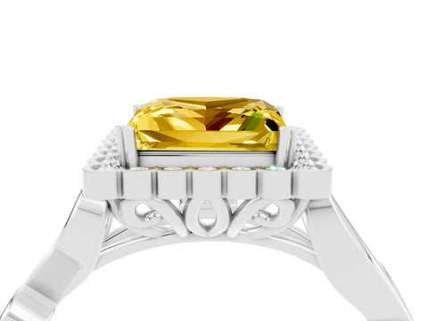 White gold Princess Cut Yellow Sapphire Halo Ring with Vintage Split Shank and Four-Prong Setting_28