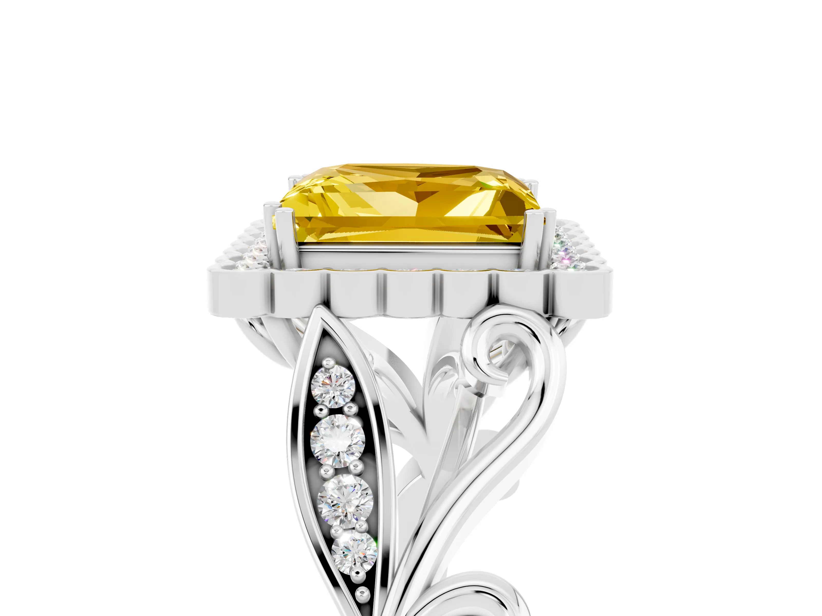White gold Princess Cut Yellow Sapphire Halo Ring with Vintage Split Shank and Four-Prong Setting_29