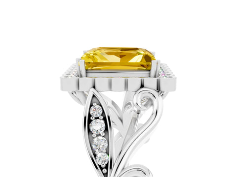 White gold Princess Cut Yellow Sapphire Halo Ring with Vintage Split Shank and Four-Prong Setting_29