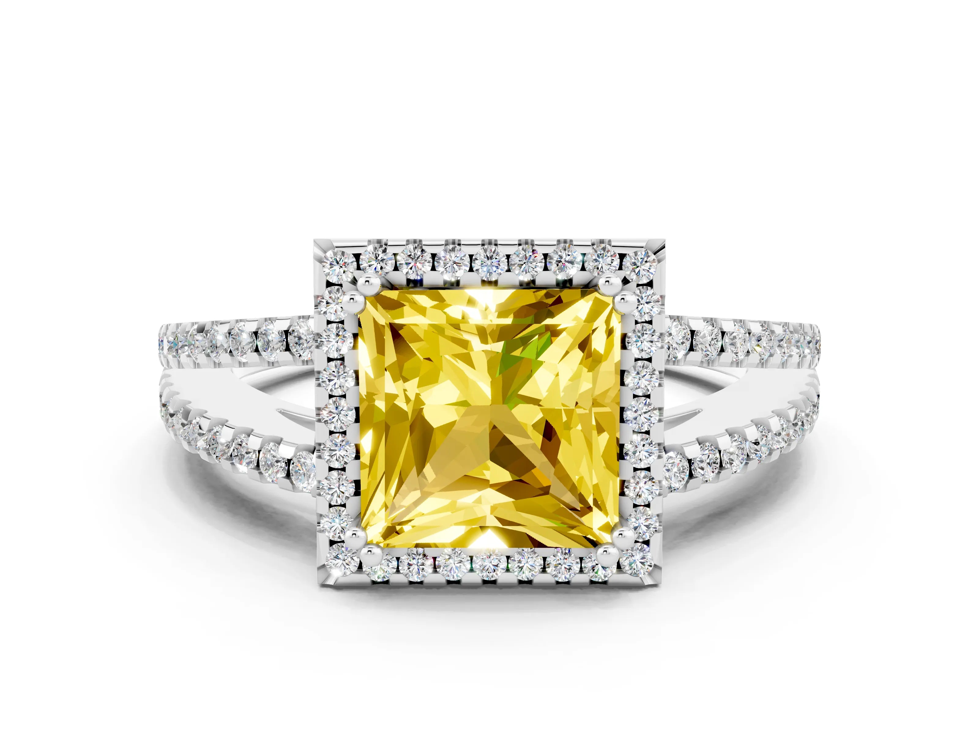 White gold Princess Cut Yellow Sapphire Halo Split Shank Engagement Ring_12