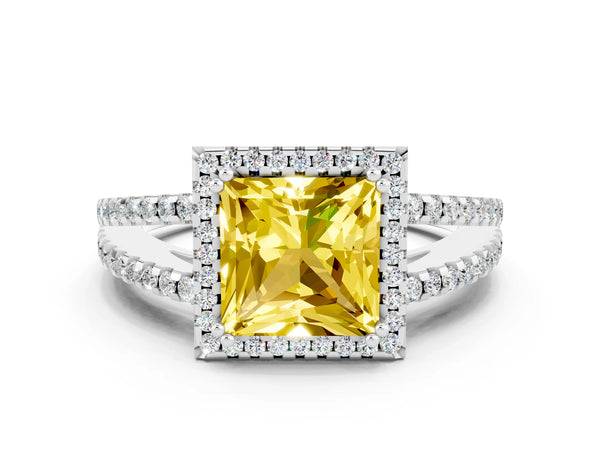 Silver Princess Cut Yellow Sapphire Halo Split Shank Engagement Ring