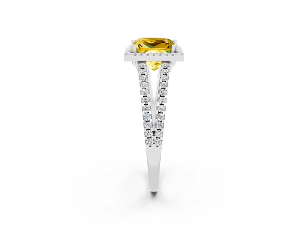 Silver Princess Cut Yellow Sapphire Halo Split Shank Engagement Ring