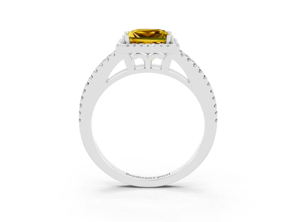 Silver Princess Cut Yellow Sapphire Halo Split Shank Engagement Ring