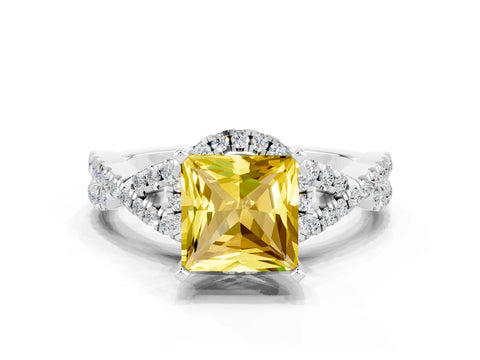 White gold Princess Cut Yellow Sapphire Halo Twist Band Solitaire Prong Setting Ring_24