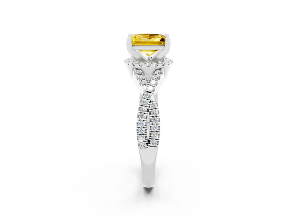 Platinum Princess Cut Yellow Sapphire  Halo Twist Band Solitaire Prong Setting Ring