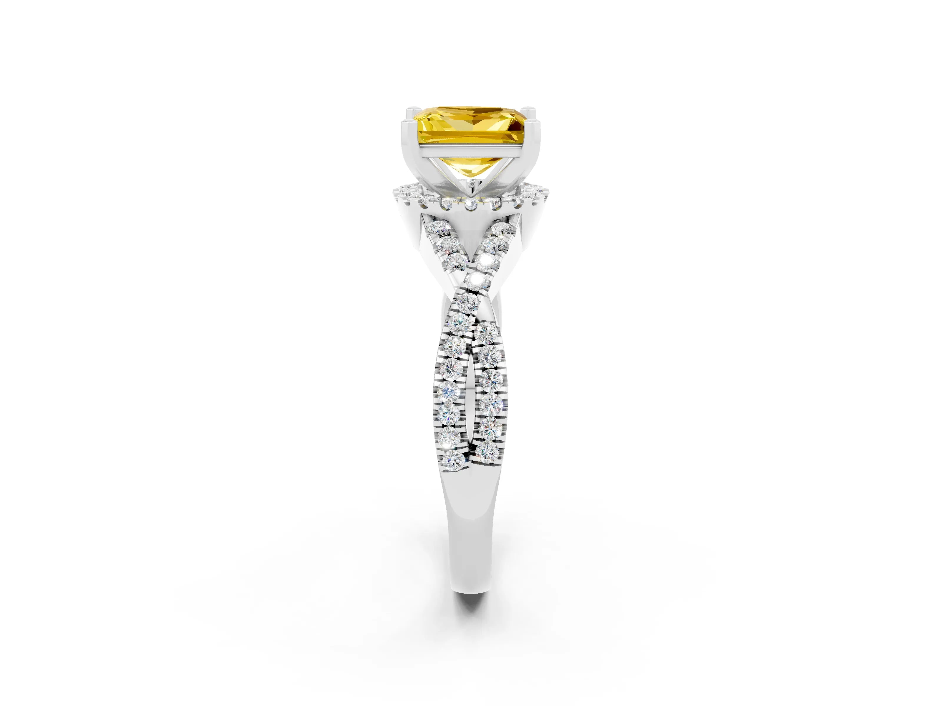 White gold Princess Cut Yellow Sapphire Halo Twist Band Solitaire Prong Setting Ring_26